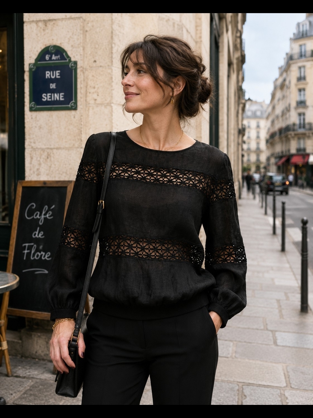 Valentino Garavani Black Linen Blouse EU 44 Luxury Designer Top Sheer Lace Panel